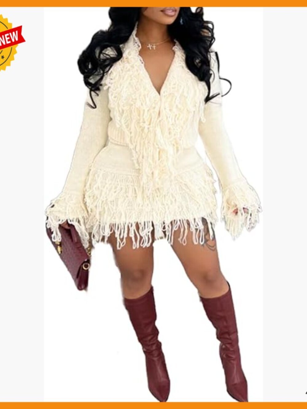 Fringe Cardigan Skirt Set Polyester Spandex Stretchy Mini Skirt